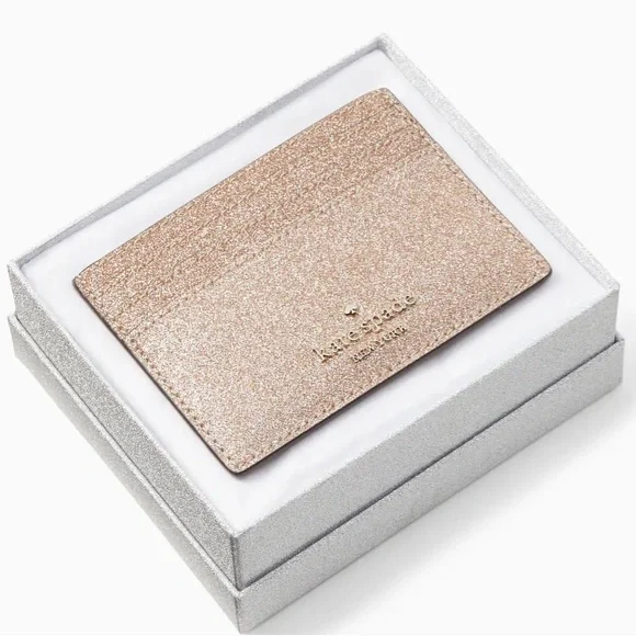 NWT Kate Spade Rose Gold Sparkle Glitter Tinsel Boxed Small Card Holder Wallet
